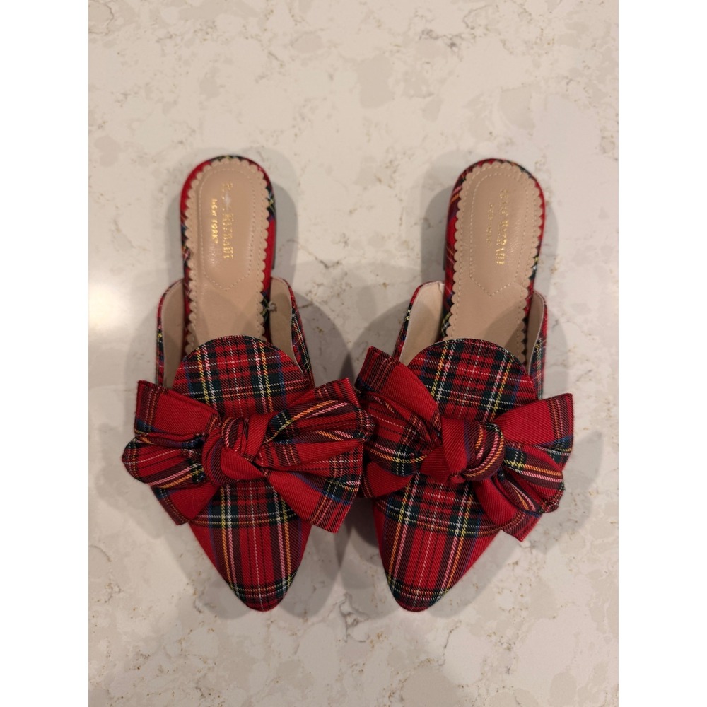 Isaac Mizrahi New York Red Tartan Plaid Bow Pointed Toe Mules Flats Womens 7
